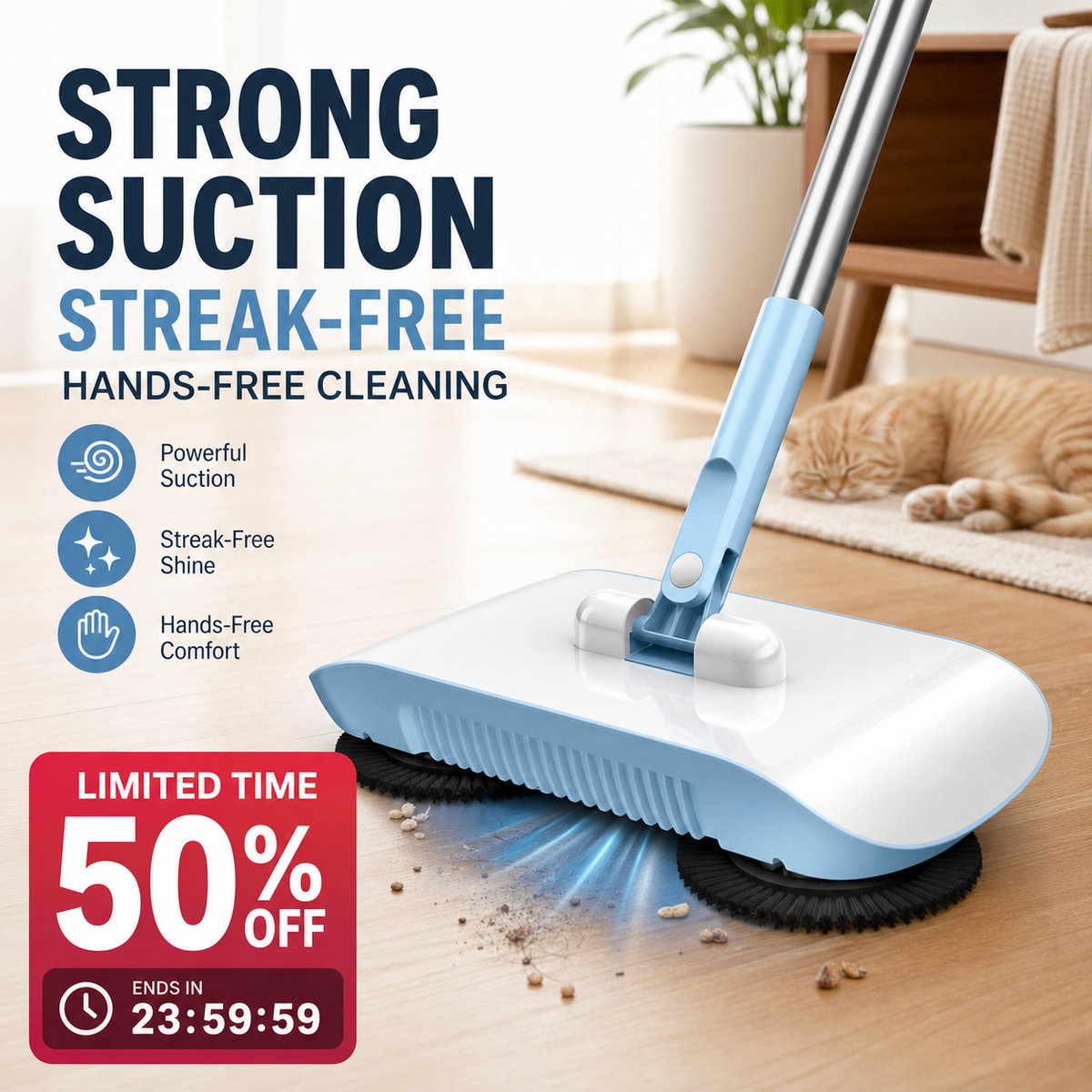 🧹 Manual Push Sweeper Mop – No-Charge Hard Floor Cleaning Tool