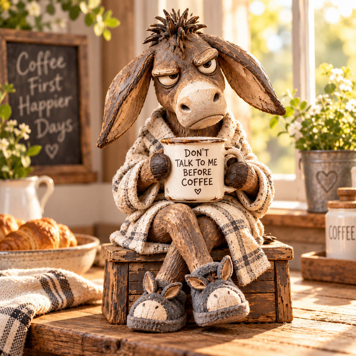 🐴☕ Morning Coffee Donkey – Funny Grumpy Donkey Figurine for Rustic Farmhouse Decor