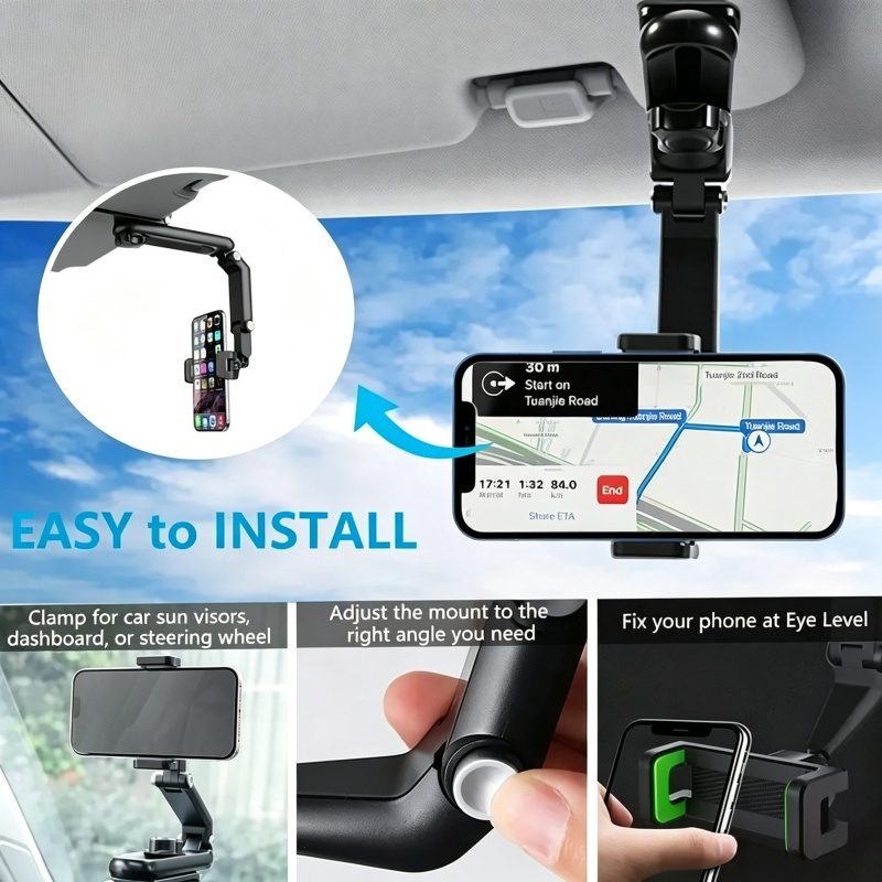 1080° Rotatable Car Sun Visor Phone Holder, Multi-Angle Adjustable Cell Phone Mount, Universal Clip on Phone Stand for Car Sunshade, Dashboard, Kitchen, Compatible with 4-6.5 Inch Smartphones