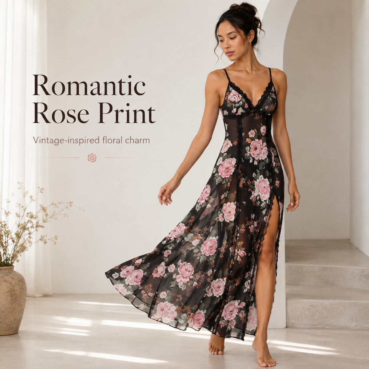🔥Last Day 49% OFF - Sheer Floral Rose Print Maxi Dress 🎁