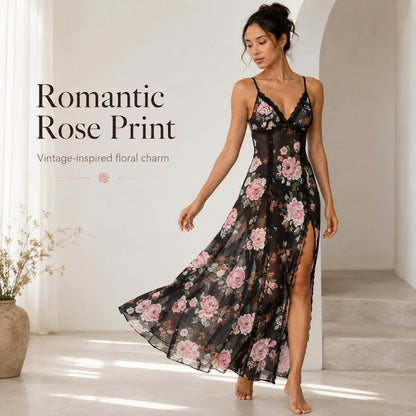 🔥Last Day 49% OFF - Sheer Floral Rose Print Maxi Dress 🎁