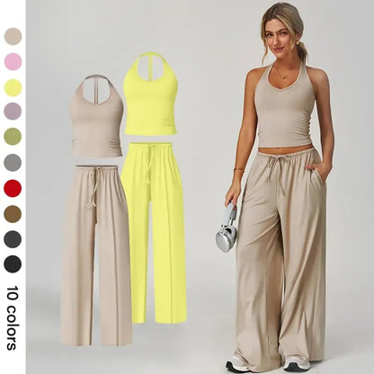 💖Hot 50% OFF✨ Women’s 2-Piece Silk-Like Lounge Set – V-Neck Strappy Top & Wide Leg Pants