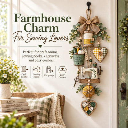 🧵✨ Rustic Wooden Sewing - Themed Hanging Ornament with Remote Control Fairy Lights