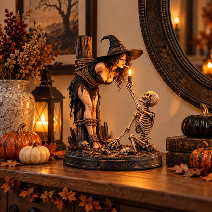 🧙 🔥Witch & Skeleton Candle Scene Figurine – Dark Gothic Halloween Tabletop Decor