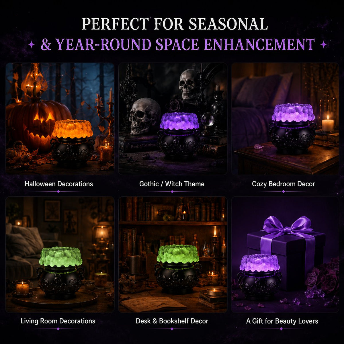 👻✨Light-up Color-changing Cauldron Waterglobe 3-Wick Candle Holder