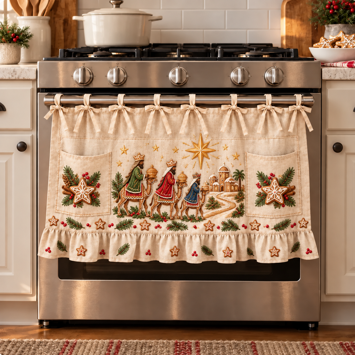 ✝️🎄 Bethlehem Christmas Oven Door Skirt – Nativity Kitchen Decor with Tie-On Bows & Ruffled Trim