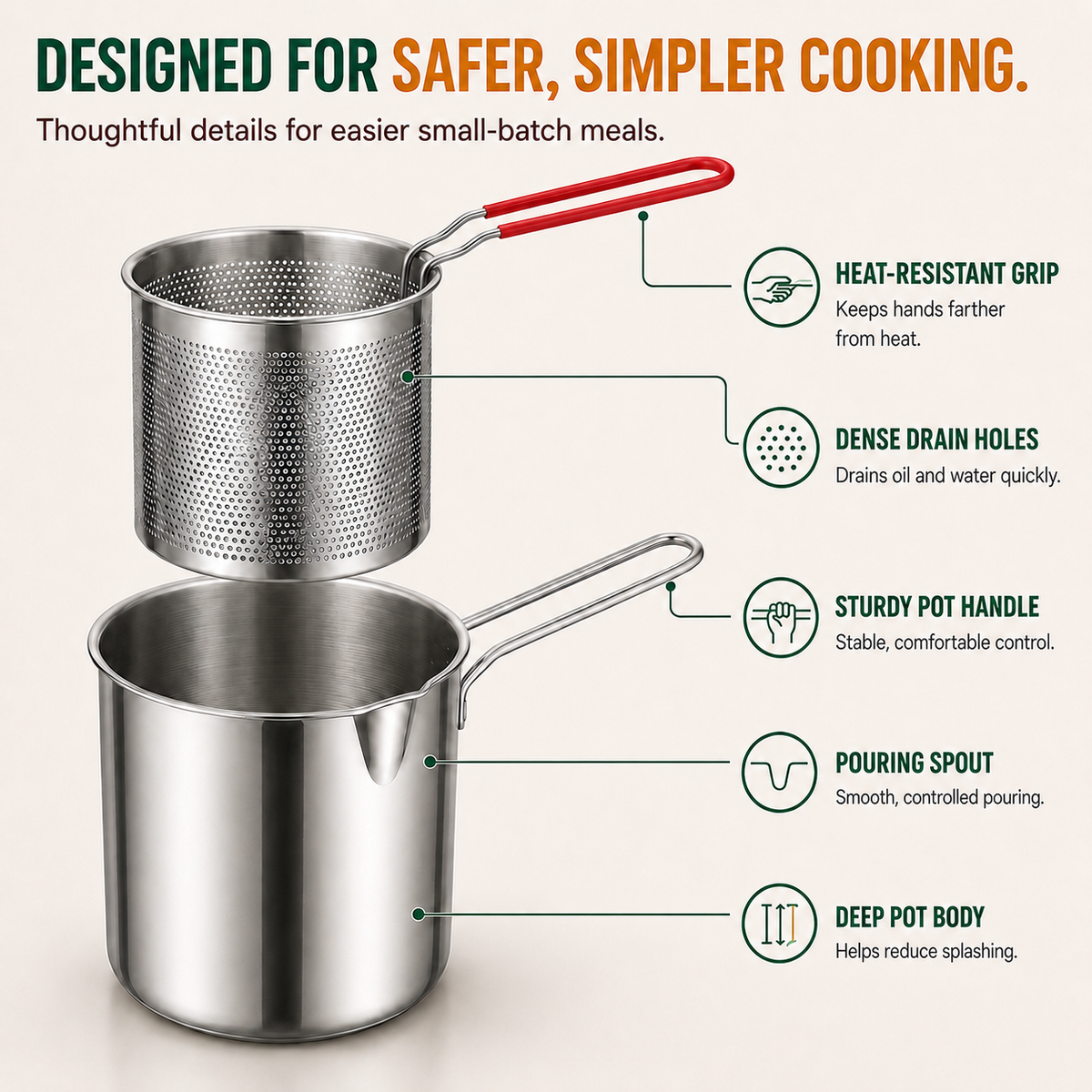 🔥Last Day 50% OFF - 🍟🏅🍟Personal Mini Deep Fryer Set – Stainless Steel Pot with Lift-Out Draining Basket & Food Tongs