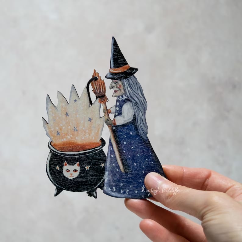 🎃Halloween Wooden witch with a cauldron hanging ornament