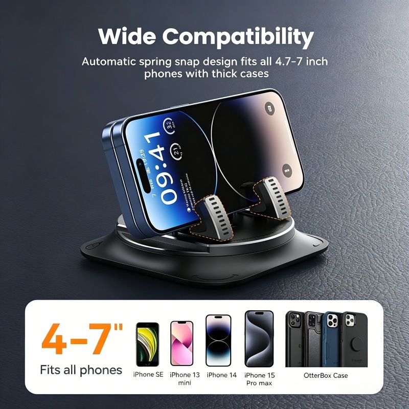 360° Rotatable Car Dashboard Phone Mount, One Hand Operation Auto Cell Phone Holder for 4-7 Inch Smartphones