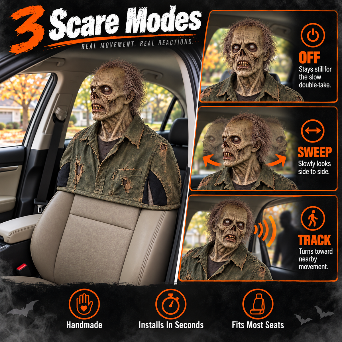😱 Animated Horror Passenger Prop – Motion Sensor Halloween Car Decoration with Wireless Remote