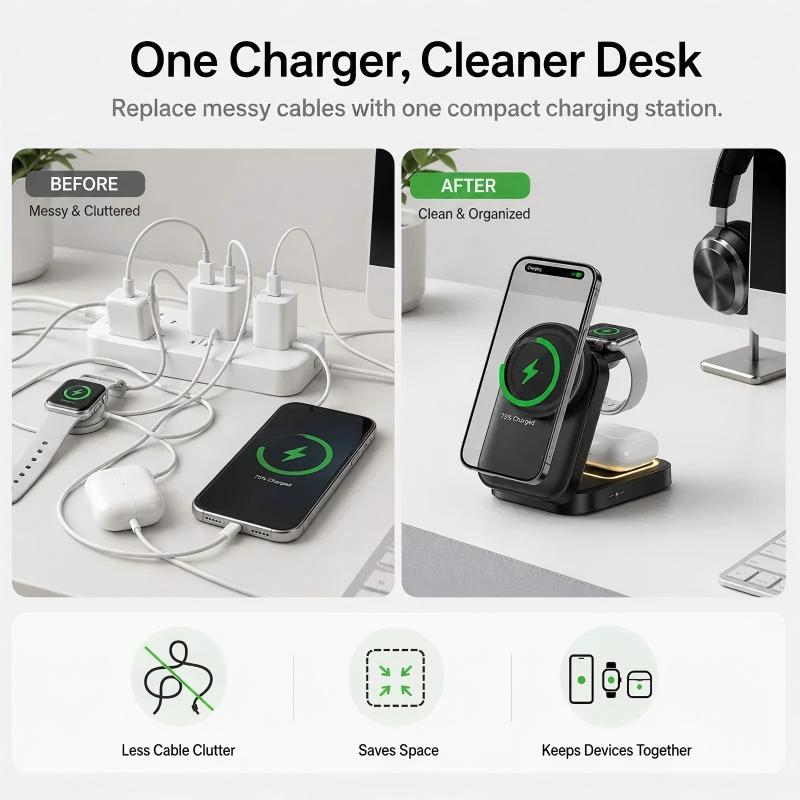 3 in 1 Foldable Magnetic Wireless Charging Station for Phone Watch Earbuds
