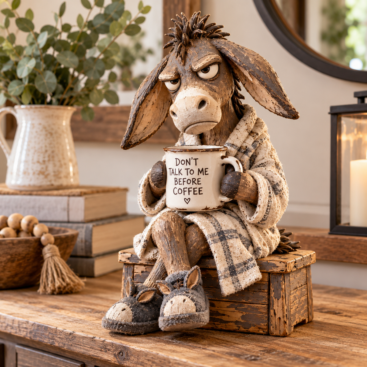 🐴☕ Morning Coffee Donkey – Funny Grumpy Donkey Figurine for Rustic Farmhouse Decor