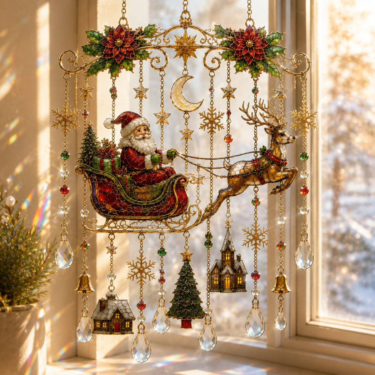 🔥 LAST DAY 49% OFF – 🎄Handmade Christmas Stained Glass Window Hanging | Tempered Stained Glass, K9 Crystal Drops & Ready-to-Hang Holiday Decor ✨