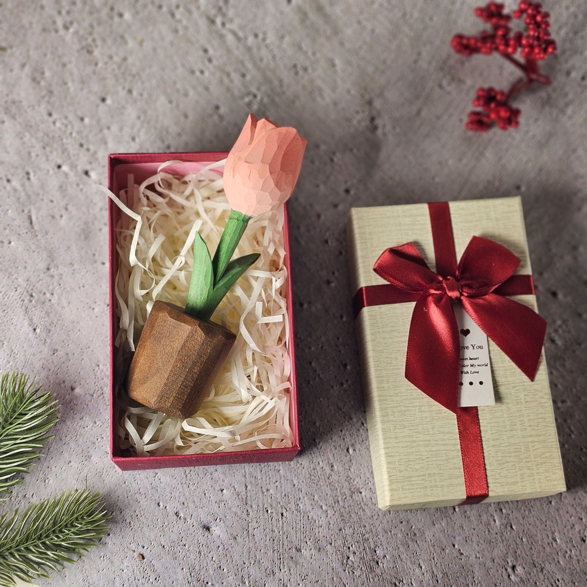 Tulip Hand-Carved Wooden Flower With Gift Box Packing
