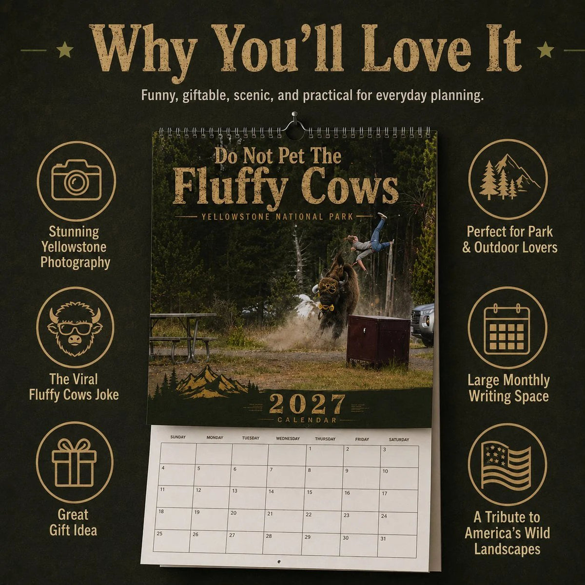 "Do Not Pet The Fluffy Cows" 🏞️ Bison Yellowstone National Park 2027 Wall Calendar