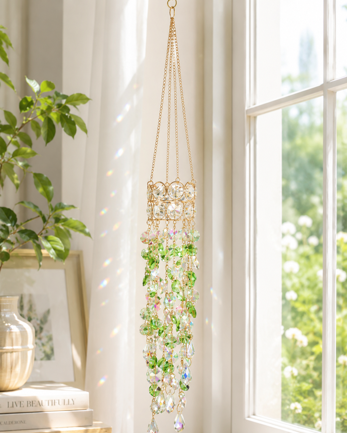Crystal Flower Suncatcher 🌸✨ – Handmade Window Hanging with Silver Floral Design