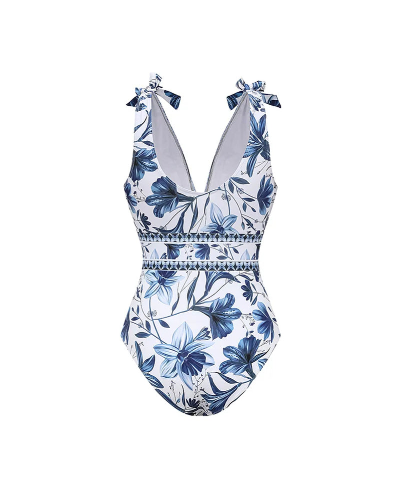 V Neck Lace Up Printed One Piece Swimsuit and Skirt
