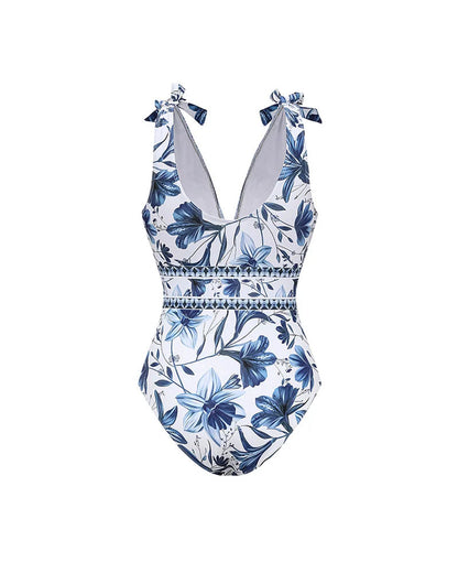 V Neck Lace Up Printed One Piece Swimsuit and Skirt