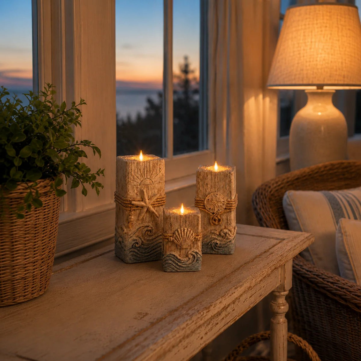 Coastal Wooden LED Candle Decor Set of 3 – Flameless Seashell Glow with Remote & Timer