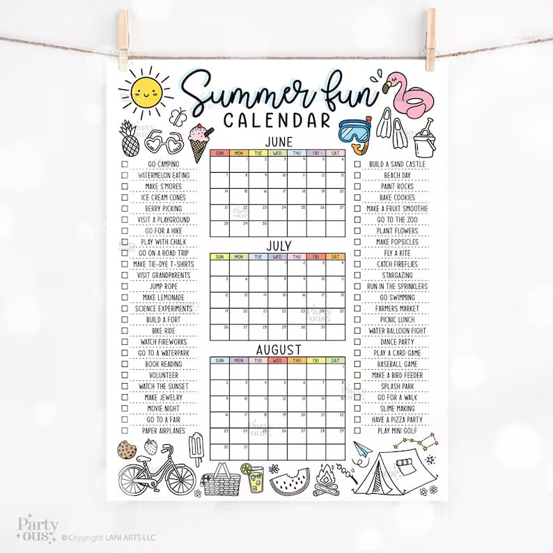 🌞 Summer Fun Bucket List Calendar Poster | Kids Summer Activity Tracker
