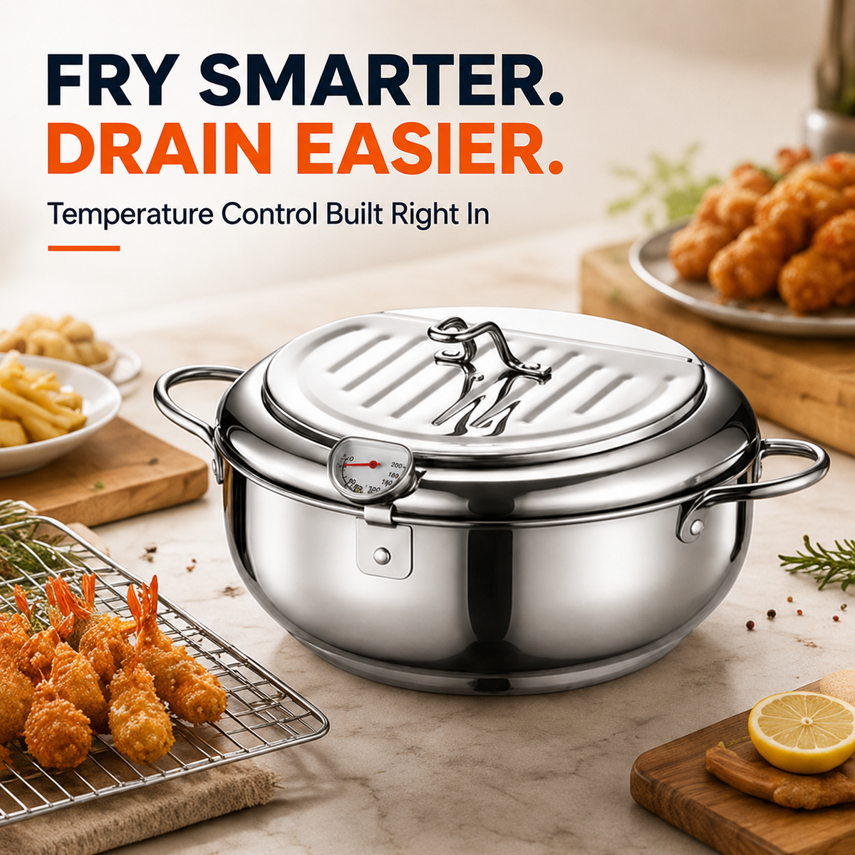 🍗304 Stainless Steel Stovetop Deep Fryer Pot – With Thermometer
