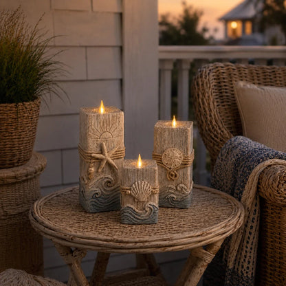 Coastal Wooden LED Candle Decor Set of 3 – Flameless Seashell Glow with Remote & Timer