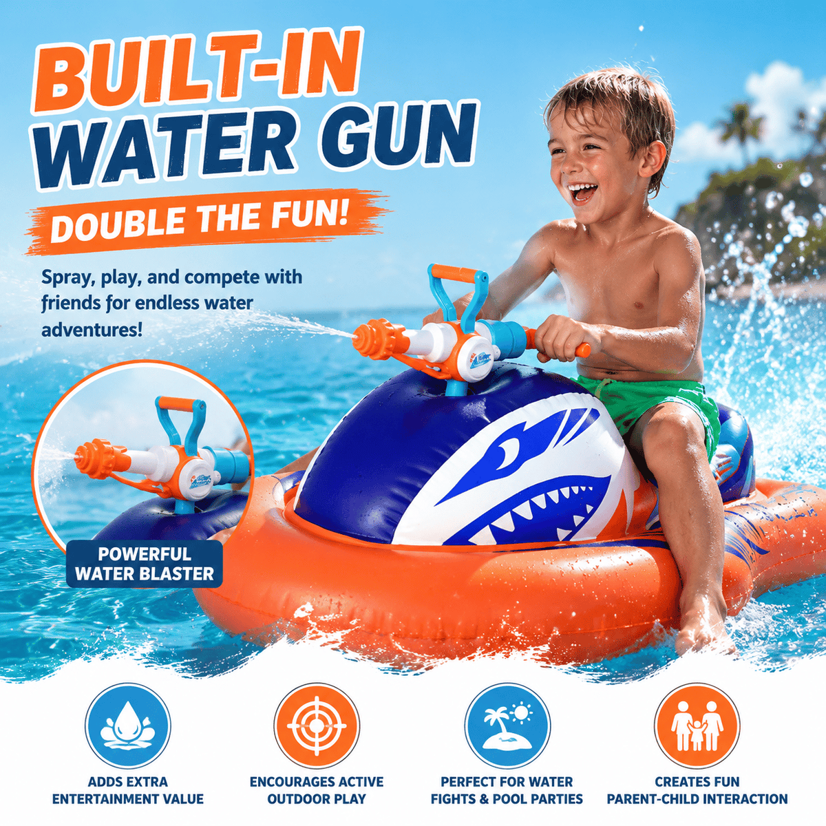 🌊 2-in-1 Shark Inflatable Jet Water Ski🚤 Built-in Water Gun