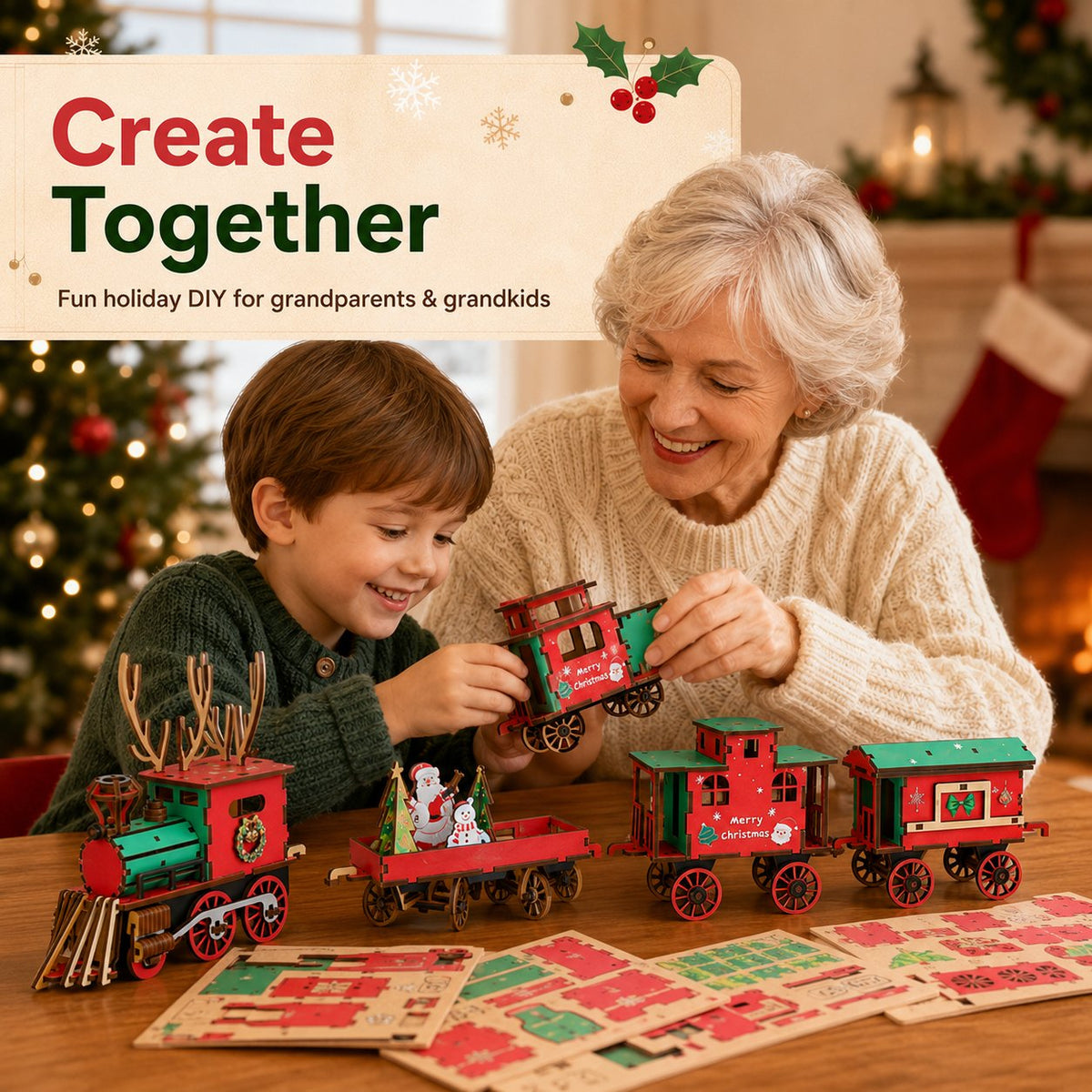 🔥LAST DAY 50% OFF – 🎅🎄DIY Christmas Wooden Train Set 3D Assembly Puzzle Kit