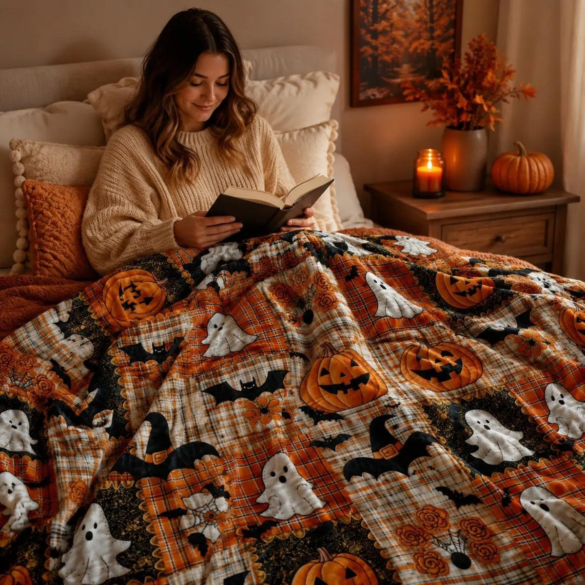 🎃🔥Halloween Pumpkin & Bat Flannel Throw Blanket, Soft Lightweight Cozy Blanket for Sofa & Bed