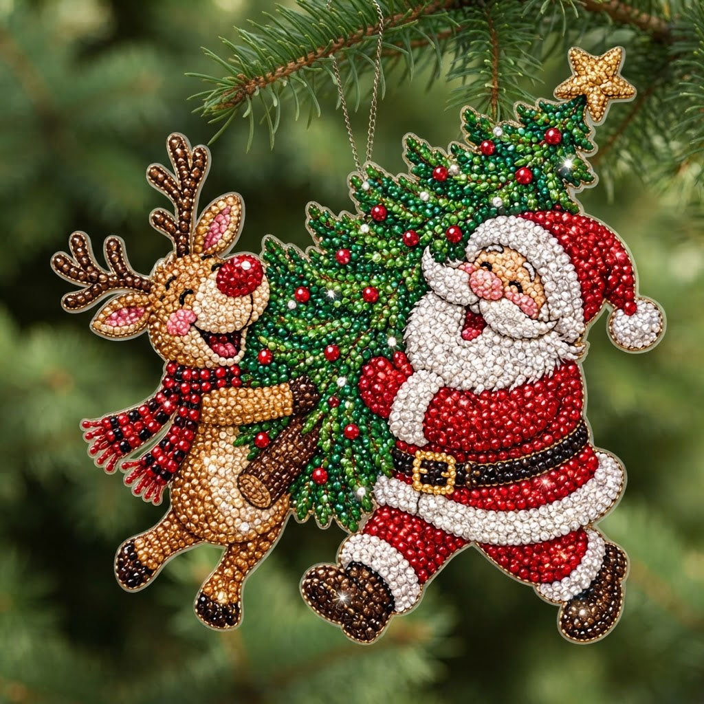 🔥Limited time 70% OFF🔥 🎅🦌 Santa & Reindeer Diamond Art Ornament Kit – Sparkling DIY Christmas Door Hanger