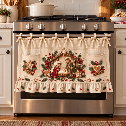✝️🎄 Bethlehem Christmas Oven Door Skirt – Nativity Kitchen Decor with Tie-On Bows & Ruffled Trim