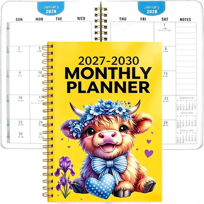 2027–2030 Highland Cow Monthly Planner | 4-Year Spiral Calendar