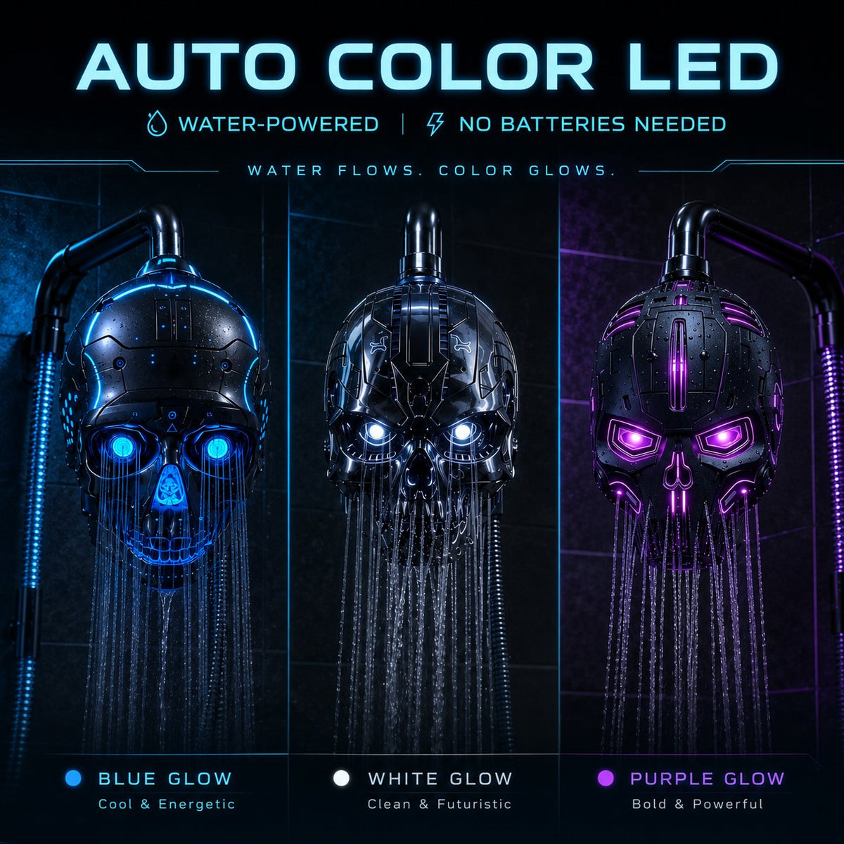 💀 Cyber Mecha Skull Color Changing LED Pressure Boost Shower Head
