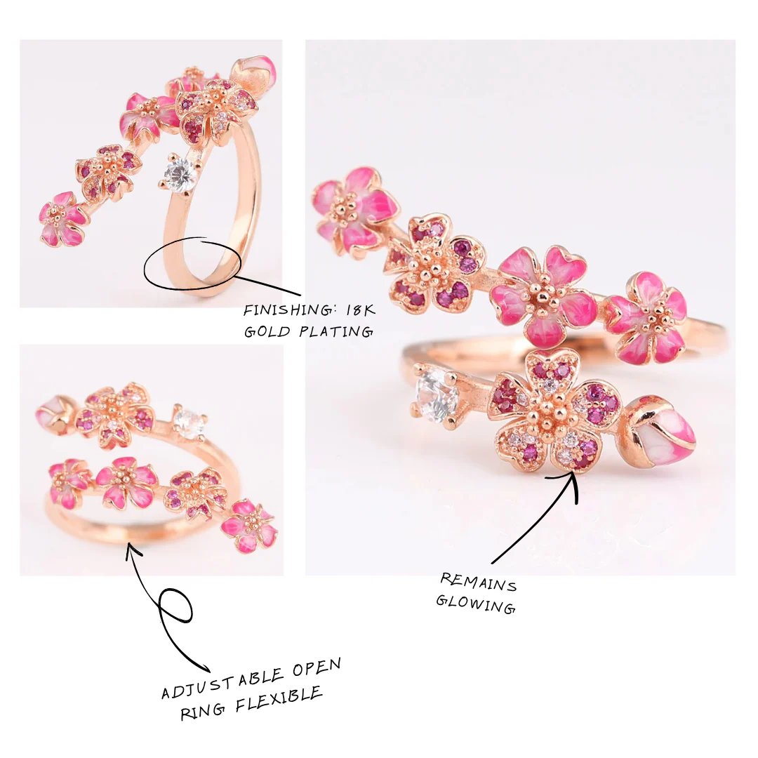 🔥Last Day 49% OFF - 🌸Peach Blossom Flower Branch Open Ring - ✨Open Adjustable Design