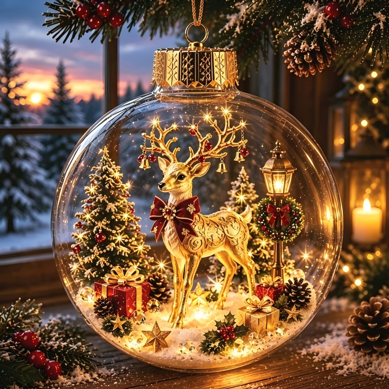 Light Up Christmas Ornament Ball, Acrylic Christmas Tree Hanging Decor, Xmas Scene Inside Bauble for Holiday Home Decor