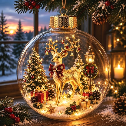 Light Up Christmas Ornament Ball, Acrylic Christmas Tree Hanging Decor, Xmas Scene Inside Bauble for Holiday Home Decor