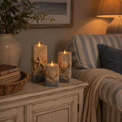 Coastal Wooden LED Candle Decor Set of 3 – Flameless Seashell Glow with Remote & Timer