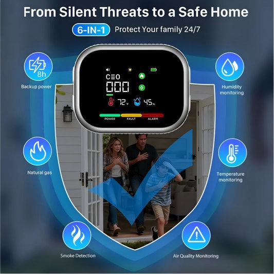 6 in 1 Smart Home Safety Detector for CO Gas Smoke Temperature and Humidity