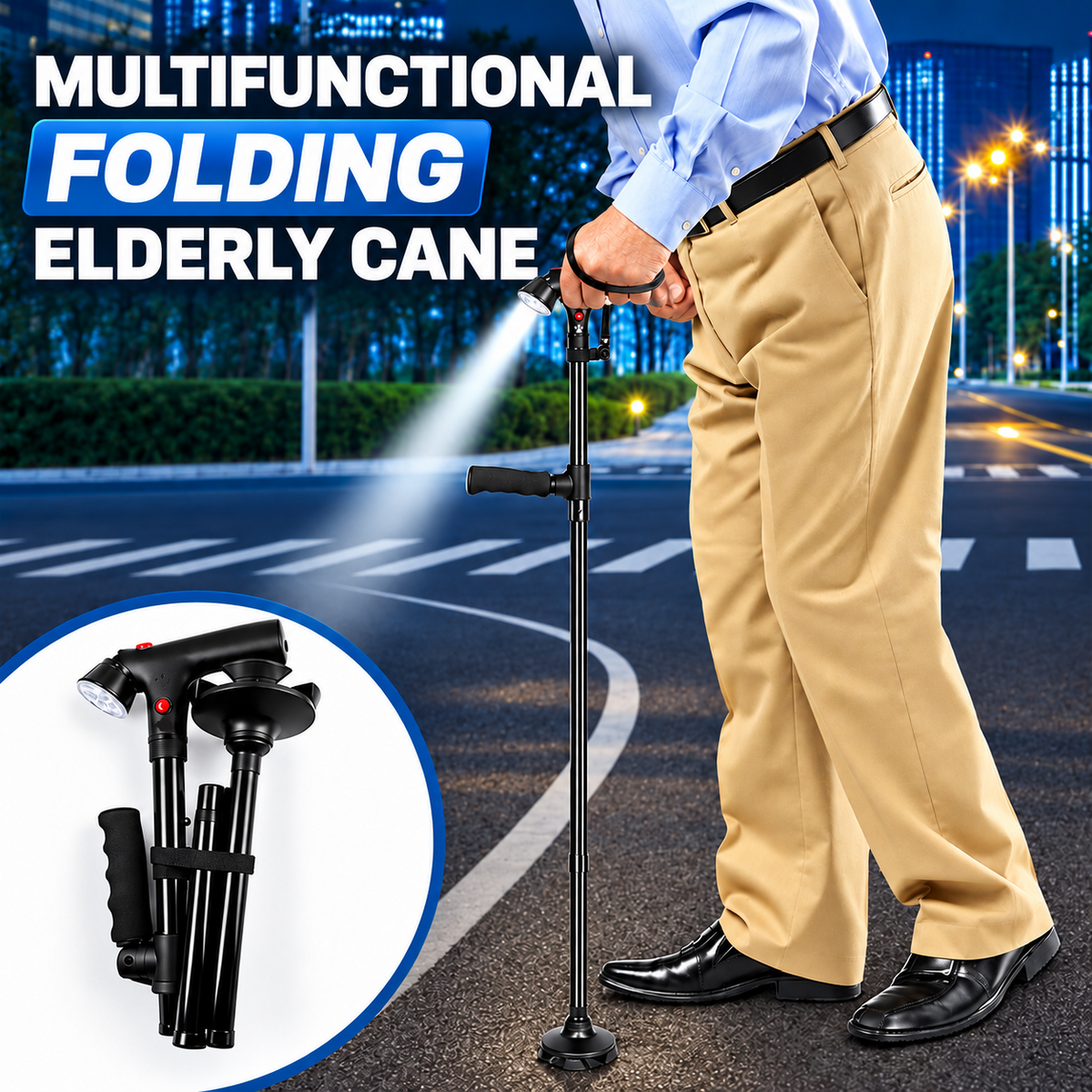 🦯LIMITED-TIME 50% OFF! 💡 Multifunction Folding Walking Cane – Built-In Light, Emergency Alarm, Quad Base & 5-Level Height Adjustment✨