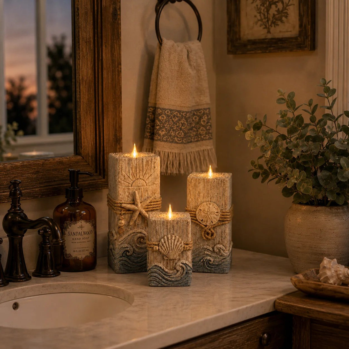 Coastal Wooden LED Candle Decor Set of 3 – Flameless Seashell Glow with Remote & Timer