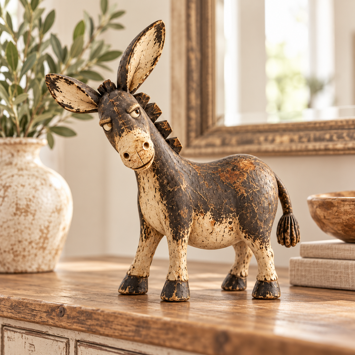 Judgmental Donkey – Funny Side-Eye Figurine with Rustic Vintage Wood Finish