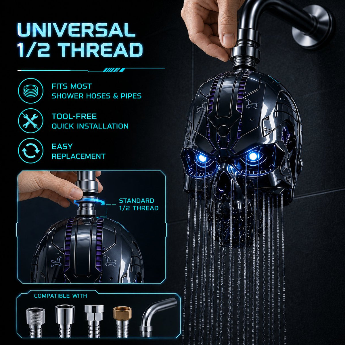 💀 Cyber Mecha Skull Color Changing LED Pressure Boost Shower Head