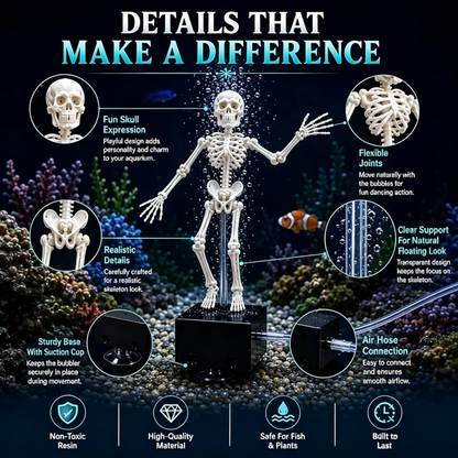 3D Printed Dancing Skeleton Aquarium Bubbler with Air Tube, Halloween Themed Fish Tank Decor, Glow-in-the-Dark Movable Skeleton Ornament, Air-Powered Aquarium Bubble Decoration, Unique Gift for Fish Tank Lovers