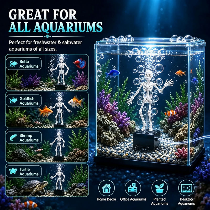 3D Printed Dancing Skeleton Aquarium Bubbler with Air Tube, Halloween Themed Fish Tank Decor, Glow-in-the-Dark Movable Skeleton Ornament, Air-Powered Aquarium Bubble Decoration, Unique Gift for Fish Tank Lovers