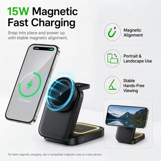 3 in 1 Foldable Magnetic Wireless Charging Station for Phone Watch Earbuds