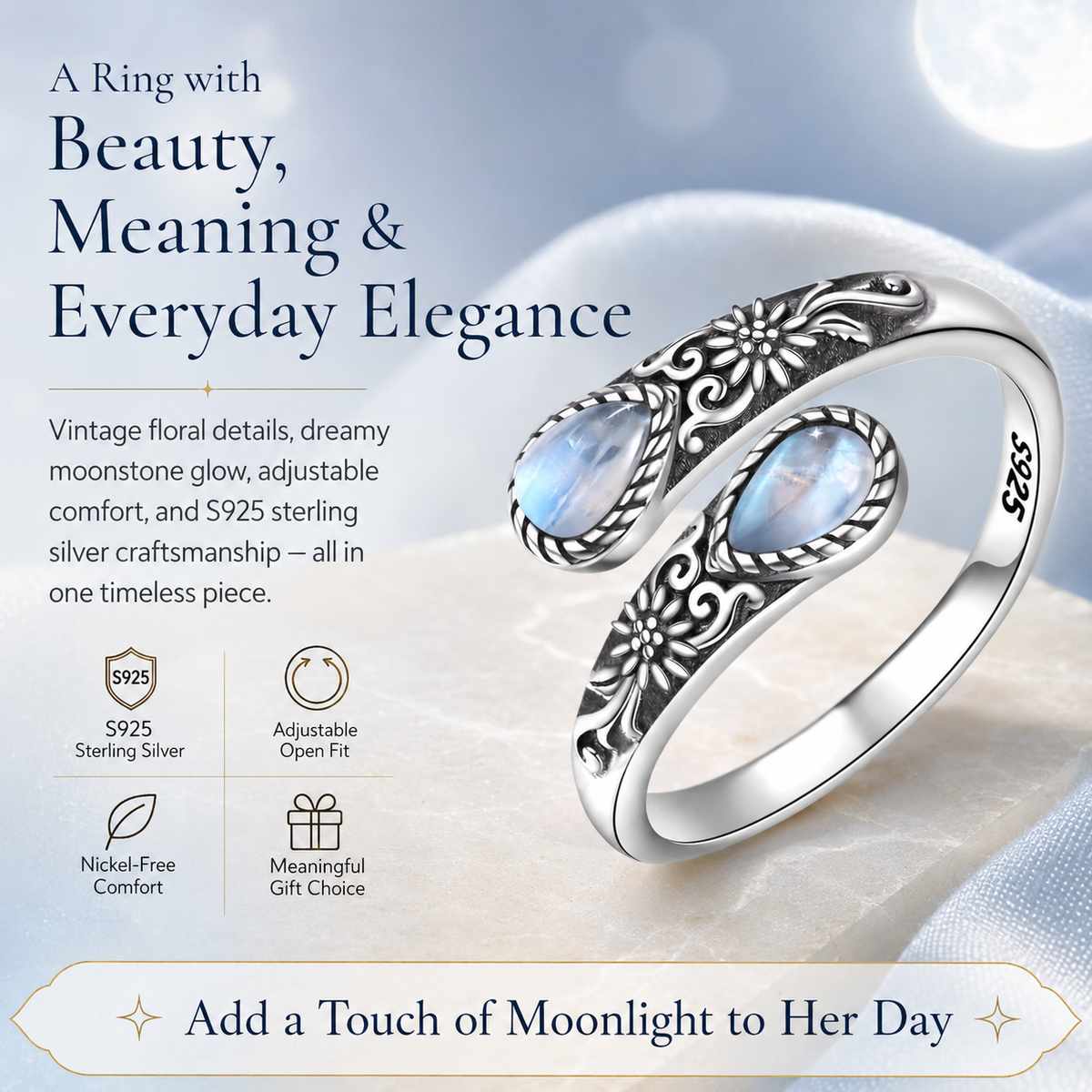 Moonstone Bloom Ring | Vintage Style • Adjustable Fit • Timeless Elegance
