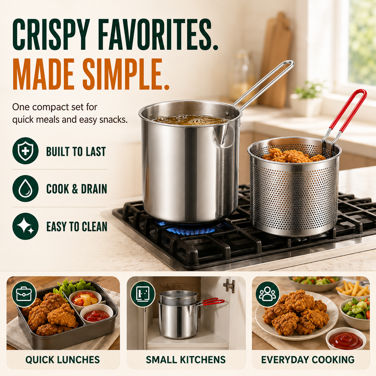 🔥Last Day 50% OFF - 🍟🏅🍟Personal Mini Deep Fryer Set – Stainless Steel Pot with Lift-Out Draining Basket & Food Tongs