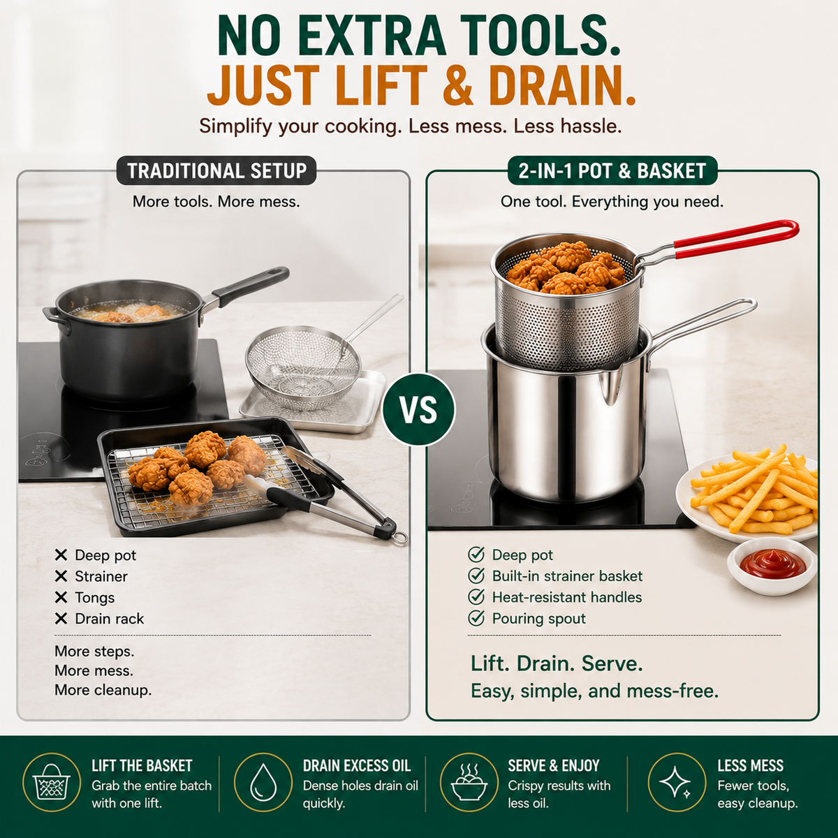 🔥Last Day 50% OFF - 🍟🏅🍟Personal Mini Deep Fryer Set – Stainless Steel Pot with Lift-Out Draining Basket & Food Tongs