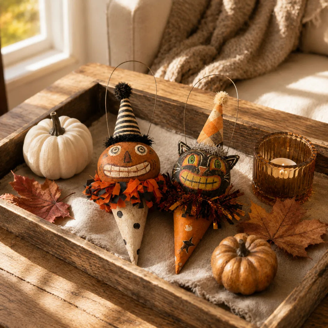 🎃Vintage Pumpkin & Black Cat Ornament🐱
