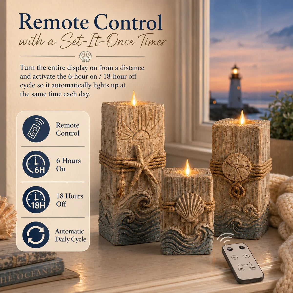 Coastal Wooden LED Candle Decor Set of 3 – Flameless Seashell Glow with Remote & Timer